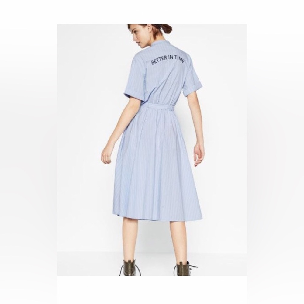 Zara Blue Striped “Better in Time” Midi ShirtDress